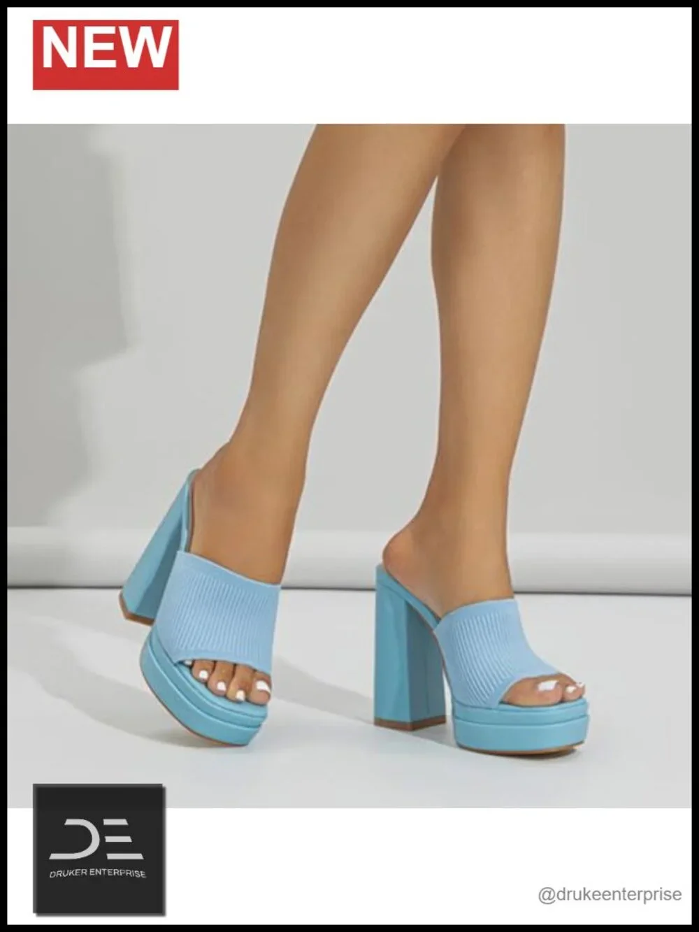 Stretch Knit Platform Chunky Heels Square Open Toe Block Heel Slip-On Mules
